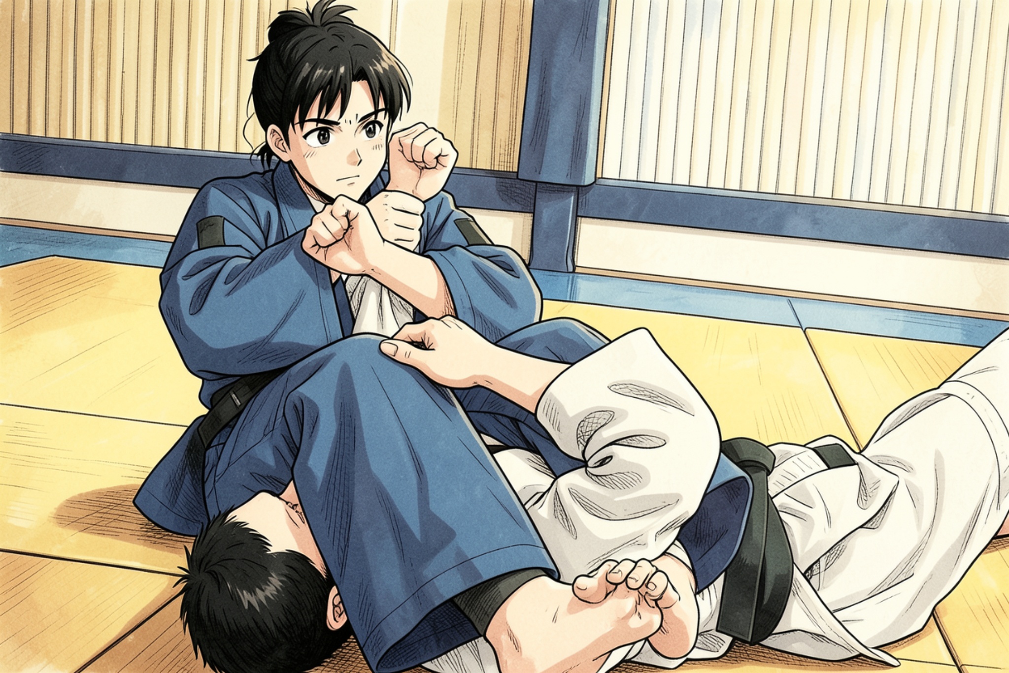 A female judoka applying an arm lock while grappling a male judoka