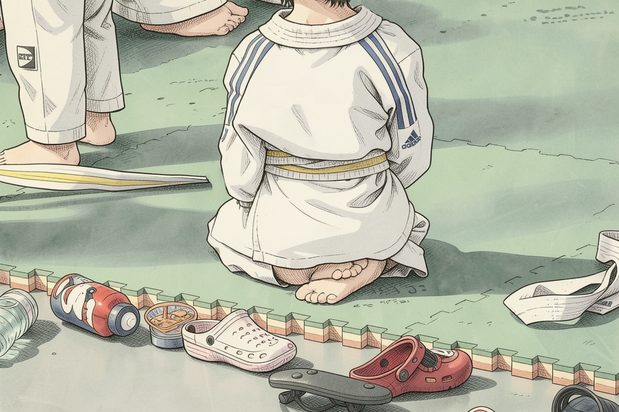 A child sitting patiently at the edge of the mats