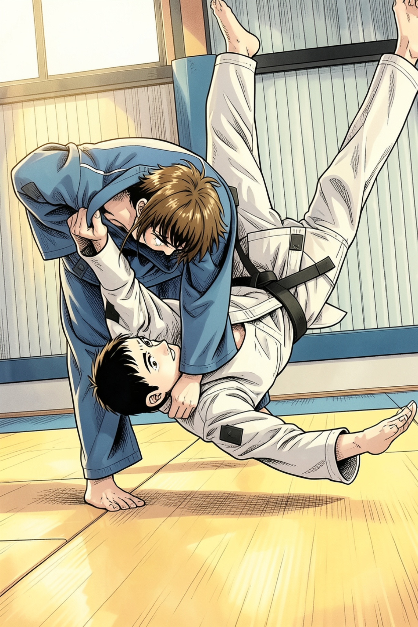 A female judoka throwing a male judoka to the ground