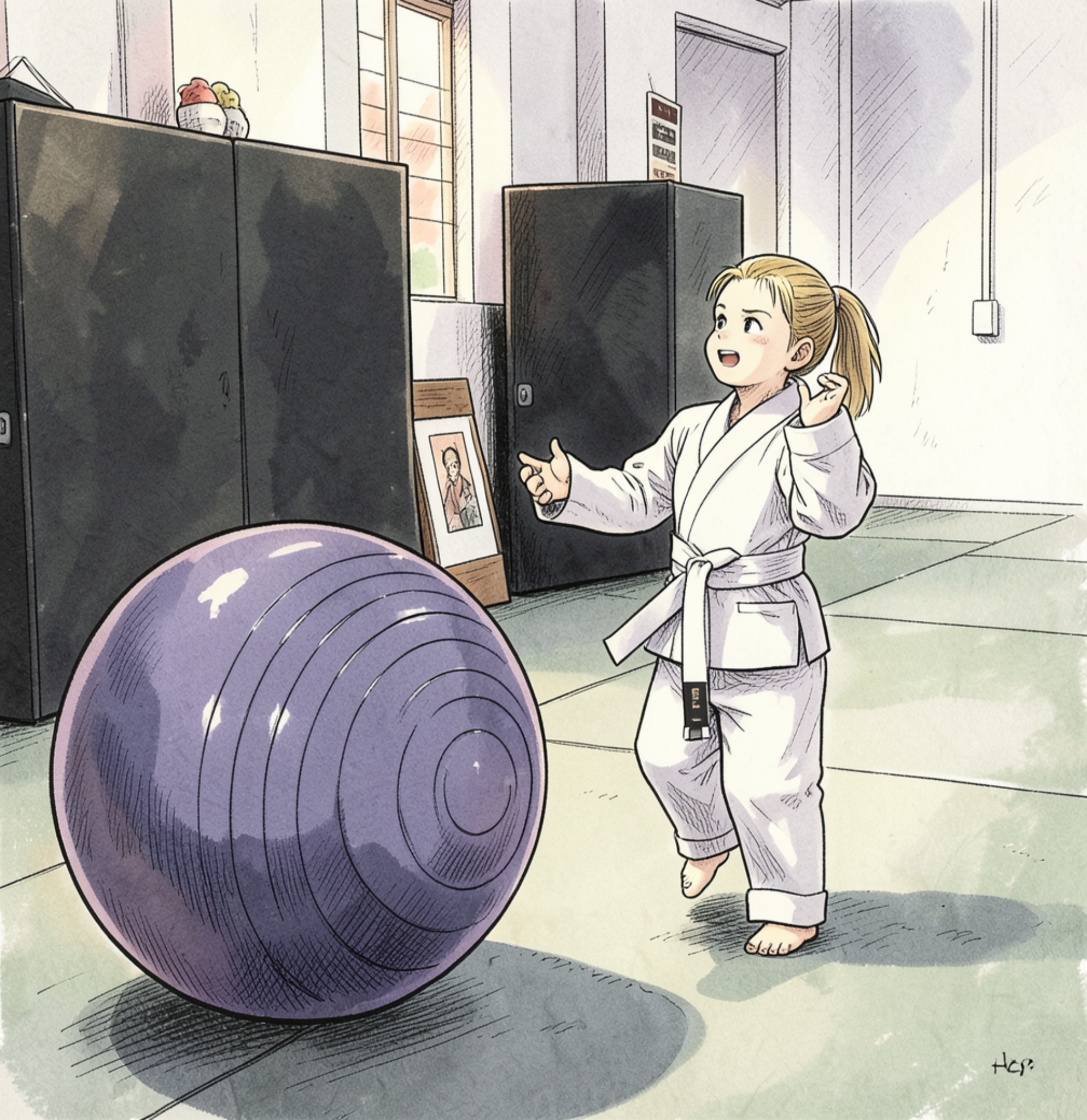 A tiny tot sitting respectfully on the mat
